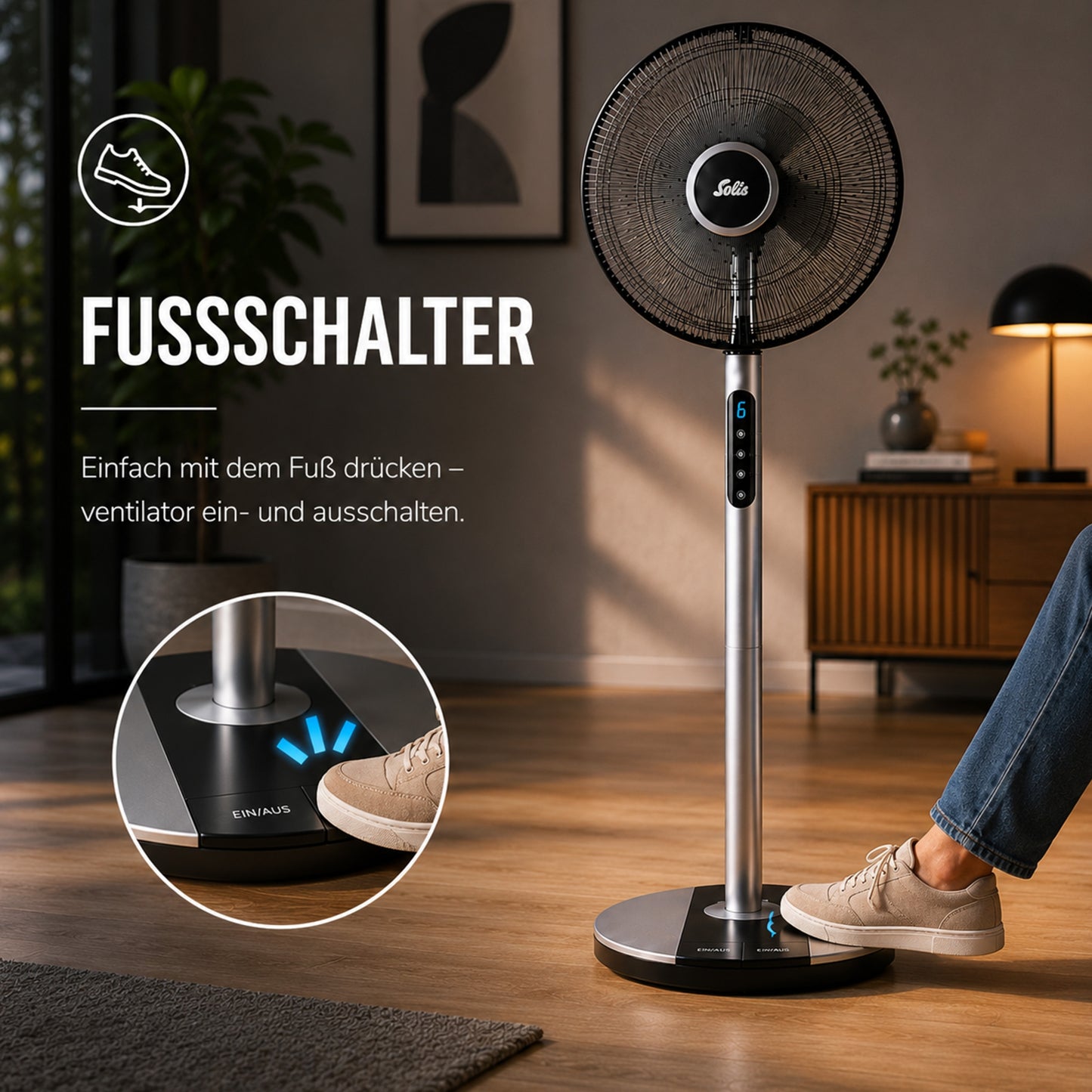 Solis Step & Chill Standventilator, Timer, Fußsteuerung, Oszillation, leise 24dB