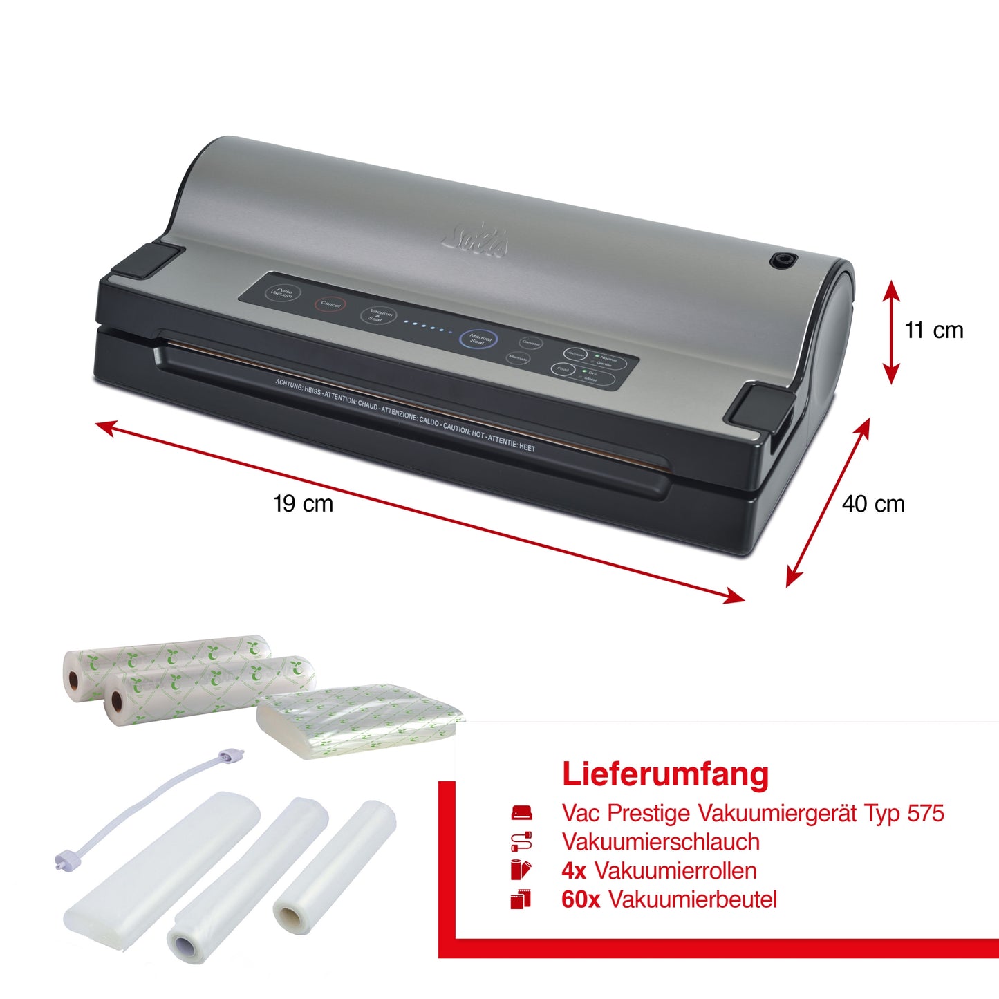 Solis Vakuumierer mit Marinierfunktion, Vorteilspack inkl. 60 Beutel & 4 Rollen
