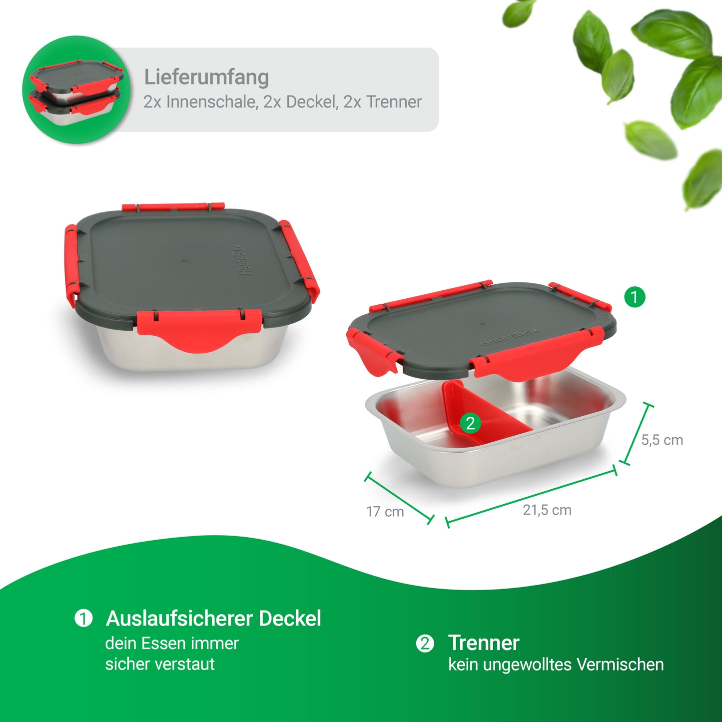 HeatsBox Innenschalen 2er-Set für HeatsBox Style/Style+/GO/PRO 925ml Volumen, Trennsteg