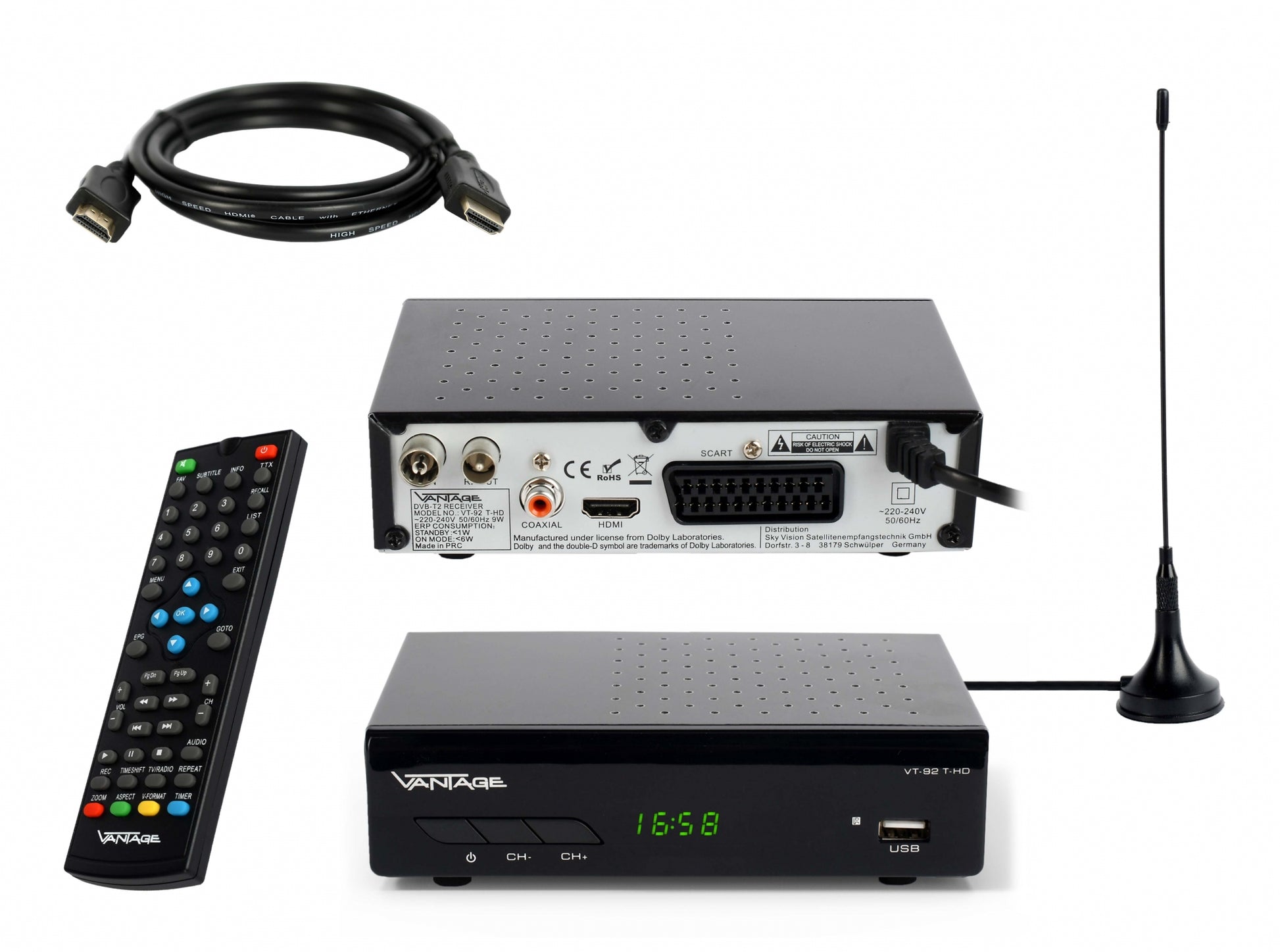 VT-92 DVB-T2 Receiver Home Bundle pas. Ant.